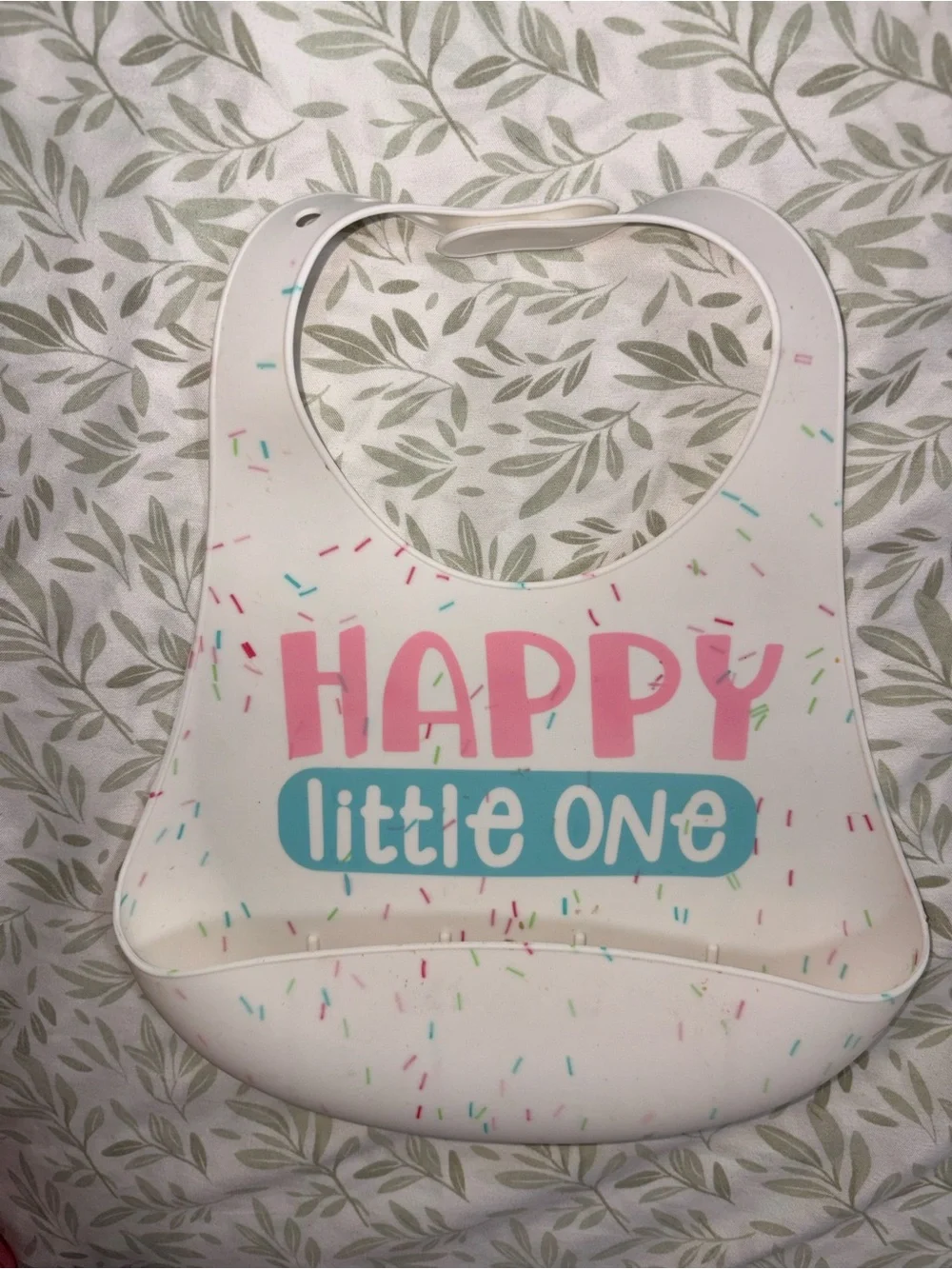 Happy Little One Silicone Baby Bib - White with Pink & Blue